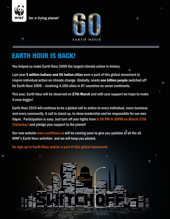 Earth Hour 27 Mar 10 8:30 to 9:30 pm